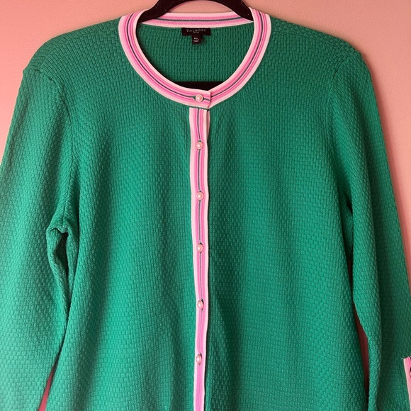 Talbots Kelly Green Sweater Cardigan PinkWhite Trim Pearl Buttons Barbie Core MP - Picture 3 of 14